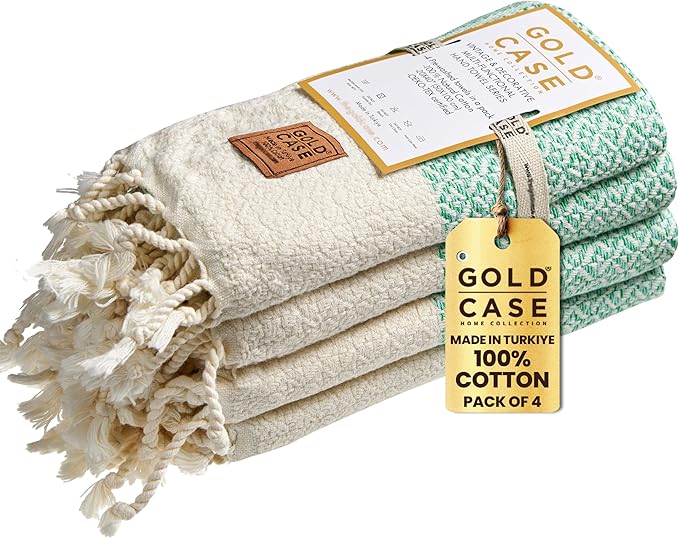 Gold CASE Turkish Hand Towels for Bathroom Set of 4 – 20 x 40'' – 100% Cotton Bathroom Towels – Aphrodite Kitchen Small Towel for Spa, Face, Tea & Dishcloth – Decorative Patterned Weave – Aqua