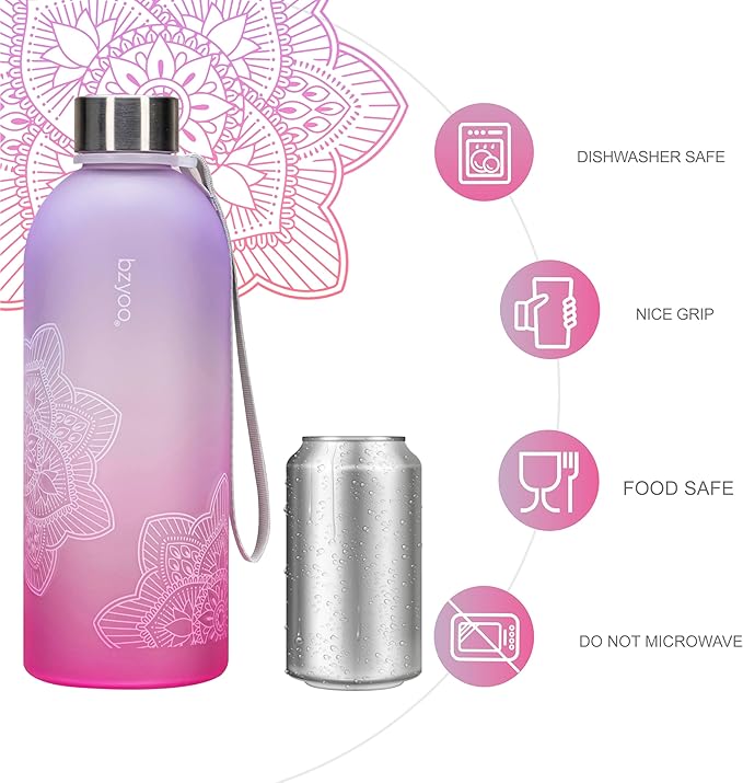 bzyoo 32 OZ 1 Liter Time Marker Water Bottle BPA Free Frosted Durable Plastic With Strap - Reusable Water Bottle With Times To Drink For Fitness Gym Gifts For Him & Her (Color: Ombre Pink)