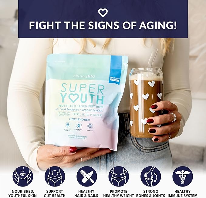 SkinnyFit - Super Youth Collagen for Women - Multi Collagen Peptides Powder - Probiotics, Fiber, Hyaluronic Acid - Non GMO, Gluten Free, Sugar Free - Beauty & Self Care - Unflavored (28 Servings)