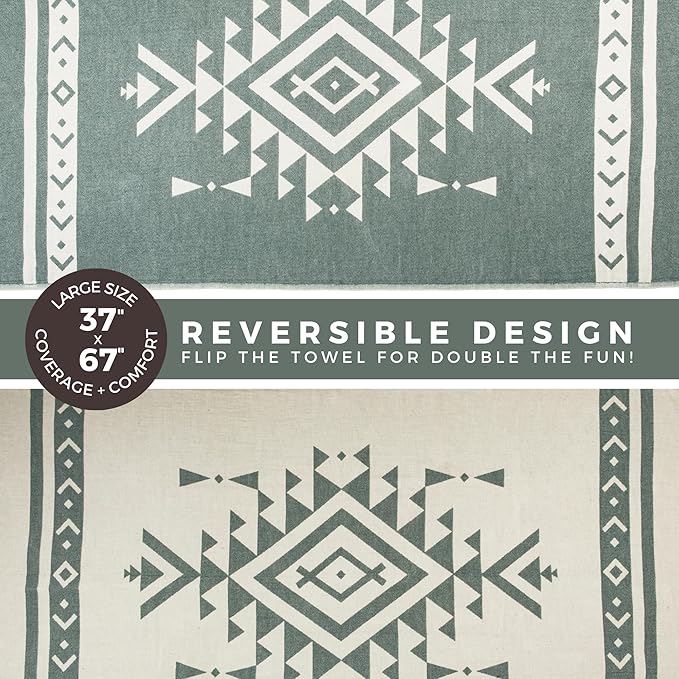 FESHKA Sand Free Turkish Beach Towel (37 x 67) Quick Dry Bath Towel, Oversized Beach Blanket, Lightweight for Travel - Made with 100% Organic Turkish Cotton - Aztec (Green)