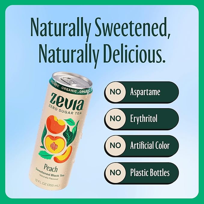 Zevia Zero Sugar Tea, Black Tea with Peach, 12 oz Cans (12-Pack) – Naturally Sweetened, Zero Calorie Sugar Free - Non-GMO Project Verified, Gluten-Free, Vegan