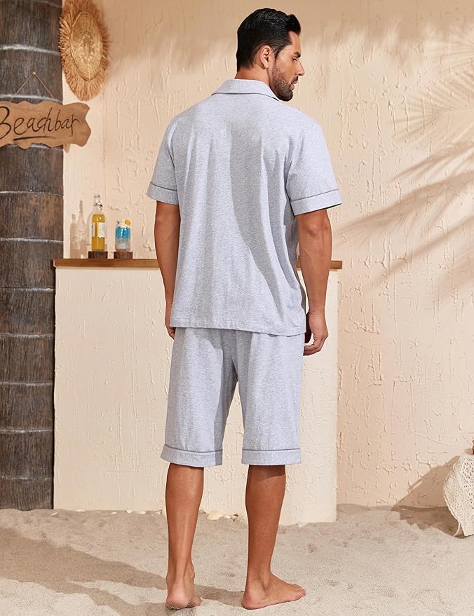 COLORFULLEAF Men's 100% Cotton Short Sleeve Pajama Sets Button Down Notched Collar Sleepwear Soft Lounge Pjs with Pockets