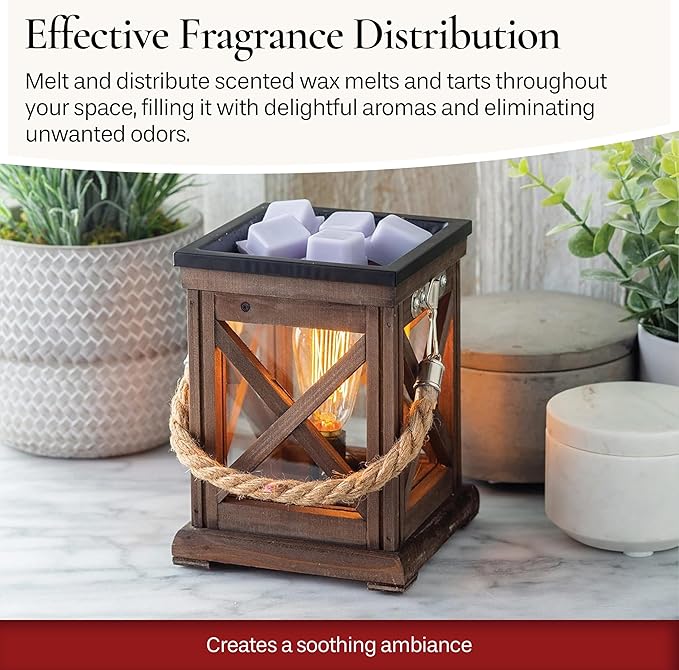 Candle Warmers ETC. Vintage Bulb Illumination Fragrance Warmer- Light-Up Warmer for Warming Scented Candle Wax Melts and Tarts to Freshen Room, Walnut & Rope