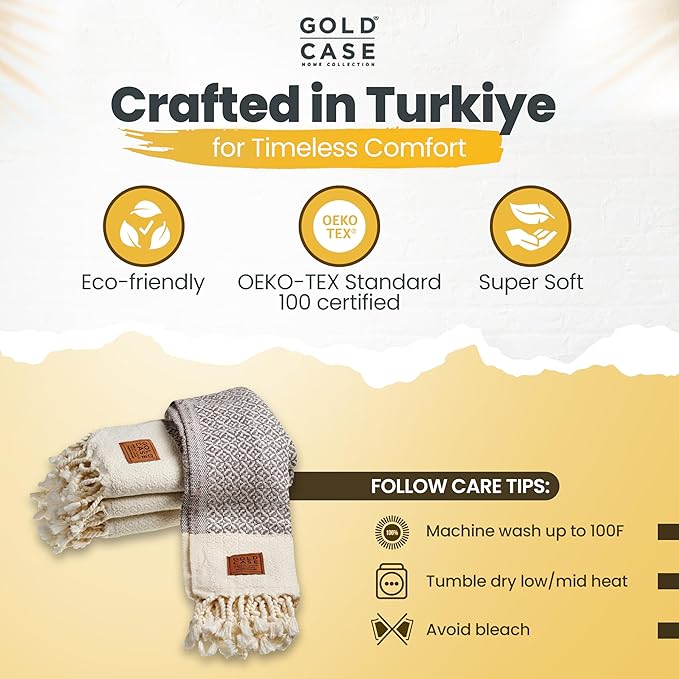 Gold CASE Turkish Hand Towels for Bathroom Set of 4 – 20 x 40'' – 100% Cotton Bathroom Towels – Aphrodite Kitchen Small Towel for Spa, Face, Tea & Dishcloth – Decorative Patterned Weave – Brown