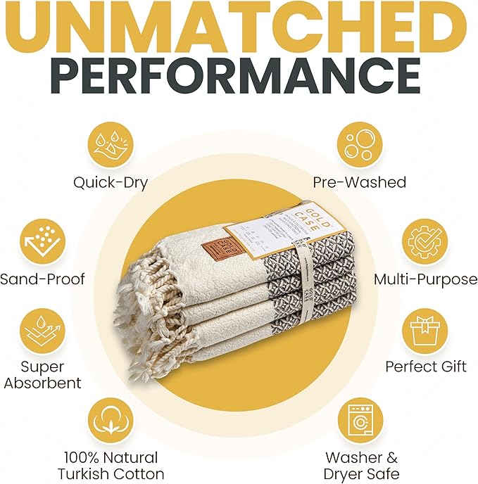 Gold CASE Turkish Hand Towels for Bathroom Set of 4 – 20 x 40'' – 100% Cotton Bathroom Towels – Aphrodite Kitchen Small Towel for Spa, Face, Tea & Dishcloth – Decorative Patterned Weave – Beige