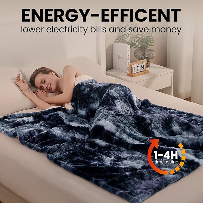 Electric Heated Throw Blanket 50"x60",Luxury Blue Faux Fur Electric Blanket,Fast Heating Soft Fluffy Thick Electric Blanket with 6 Heating Levels & 12H Auto Off