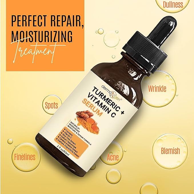 Turmeric Serum for Face + Glow-Boosting Vitamin C Serum –Organic Moisturizer for Acne, Dark Spots & Clear Skin– Boosts Hydration for Dry & Tired Skin – Anti-Aging Formula for Glowing Skin, 2 FL OZ