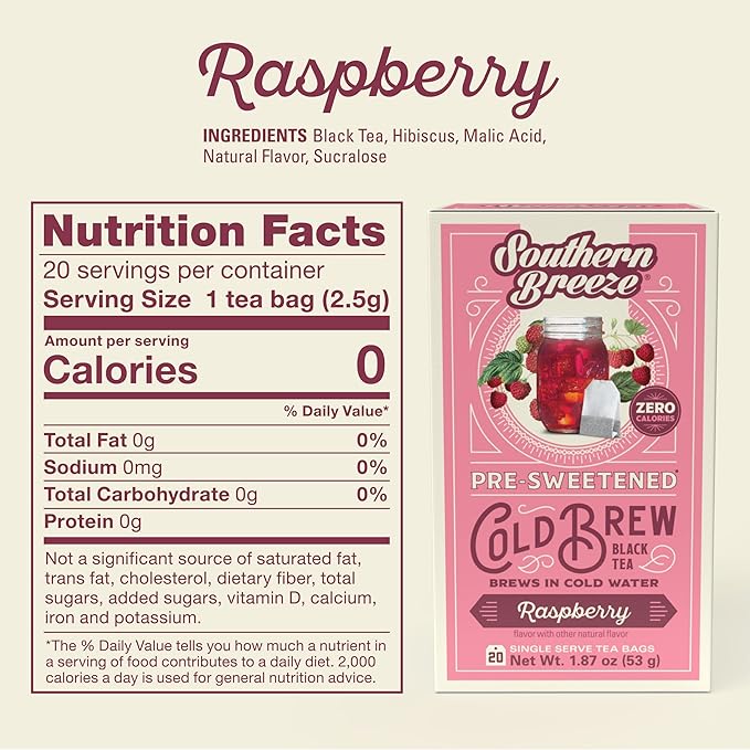 Southern Breeze Cold Brew Sweet Tea Raspberry Iced Tea with Black Tea and Zero Carbs Zero Sugar, 20 Individually Wrapped Tea Bags, Pack of 4