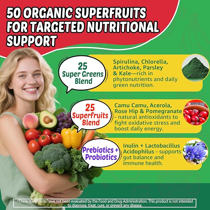 Super Greens Gummies, Daily Green Superfood Supplement w/Spirulina, Chlorella, Mushrooms, Probiotics, Multivitamins, 50+ Super Greens & Veggies Gummies to Boost Immunity, Energy & Gut Health, 120cts