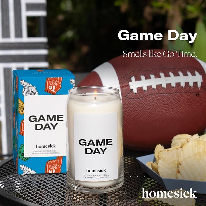 Homesick Scented Candles for Home (Game Day) - 13.75 oz Long-Lasting Soy Wax Blend Jar Candle Gifts for Women & Men, 60-80 Hours Burn Time - Notes of White Amber, Tonka Bean & Smoked Birch