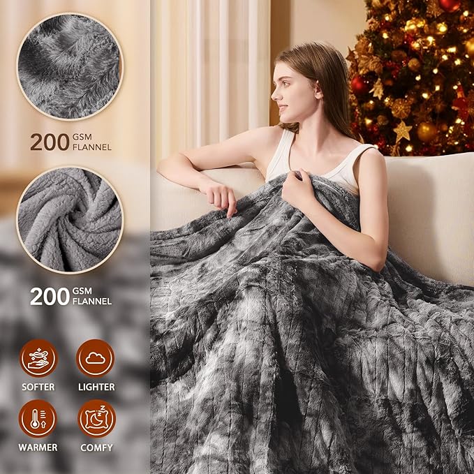 Homemate Heated Blanket Electric Throw - 50"x60" Heating Blanket Throw 1/2/4/6/8 Hours Auto-Off 10 Heat Levels Over-Heat Protection Luxury Faux Fur Sherpa ETL Certification