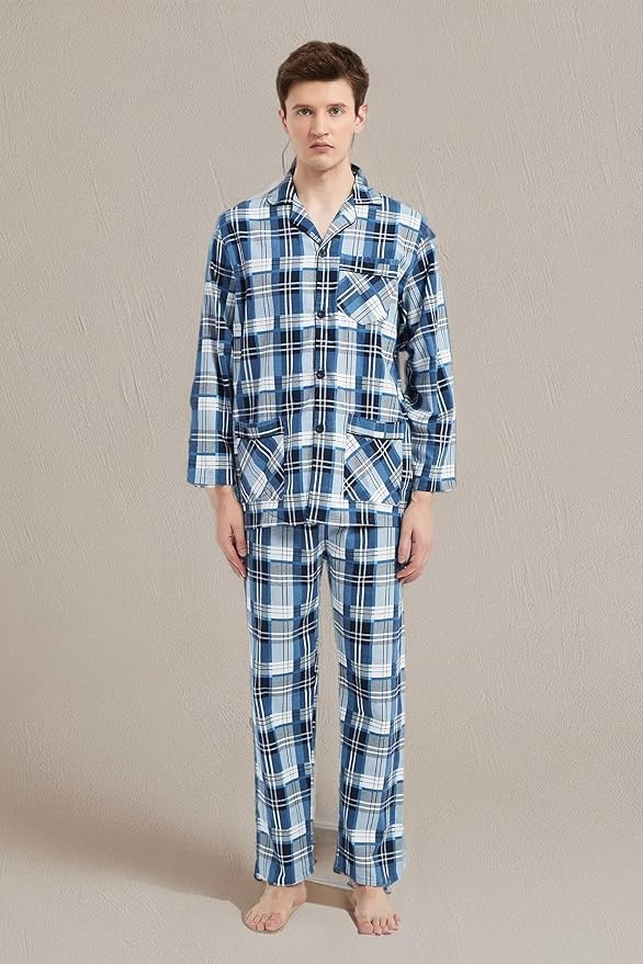 GLOBAL Men's Pajamas Sets 100% Cotton Flannel Sleepwear Long-Sleeve top & Bottom