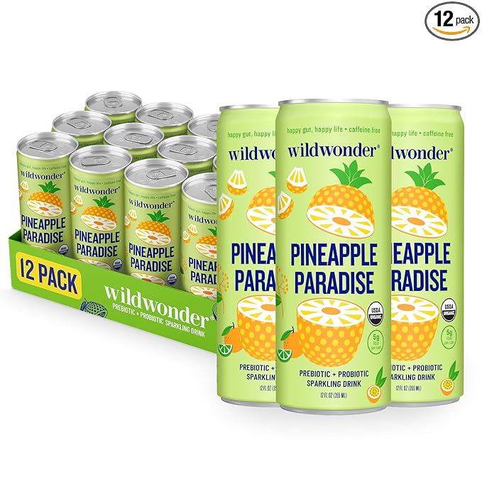 wildwonder Sparkling Probiotic Drink 12pk, For Gut Health & Immune Support, Pineapple Paradise, 5g Prebiotic Fiber, Live Probiotics, Organic, Vegan, Low Sugar, 12 Pack, 12oz Can, As Seen on Shark Tank