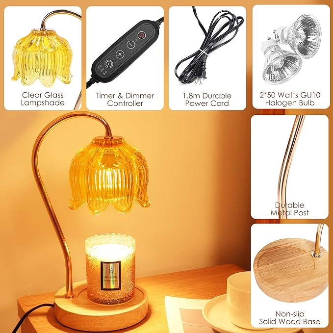 Dimmable Flower Candle Warmer Lamp with Timer - Compatible with Various Candles - Christmas & Mother's Day Gift for Women,Vintage Bedroom Home Decor