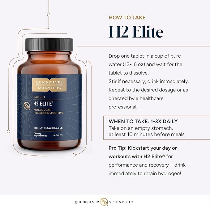 Quicksilver Scientific H2 Elite - Molecular Hydrogen for Energy + Metabolism Support, Water Tablets Perfect for Open Containers - Magnesium Malate Drink Additive (60 Molecular Hydrogen Tablets)
