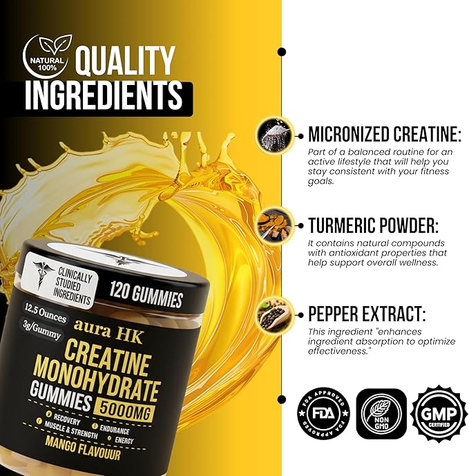 Creatine Monohydrate Gummies 5000mg 120 Count Sugar Free for Men & Women - Mango Flavor Vegan Creatine Supplement for Muscle Strength, Energy, Endurance & Workout Gummies