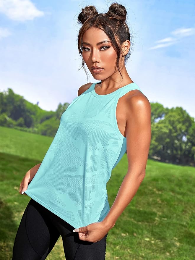 OYOANGLE Women's Camo Print Sleeveless Workout Shirts Exercise Running Tank Tops Active Gym Tops