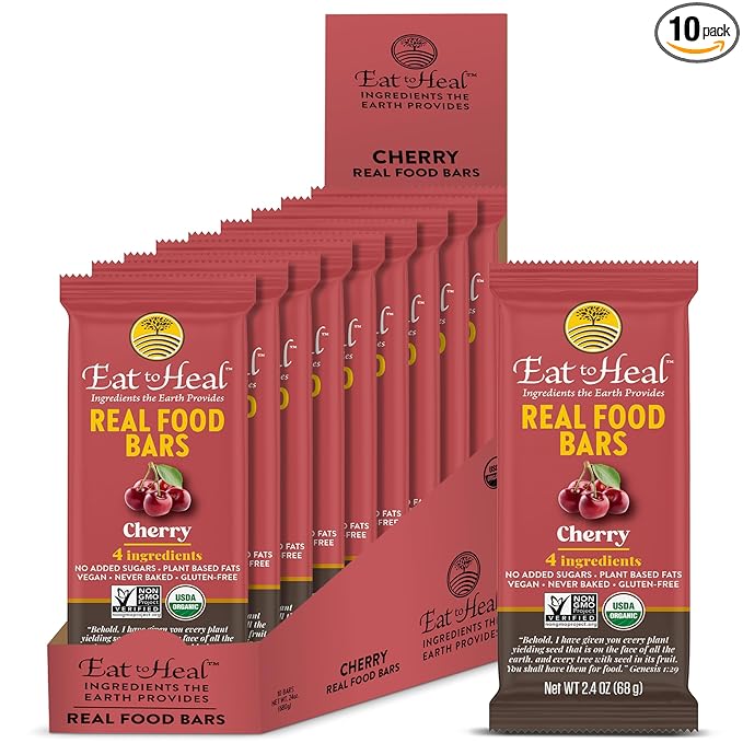 EatToHeal Cherry Real Food Bar - Organic Vegan Healthy Gluten Free Protein Bars - Low Sugar Meal Replacement Bar, Non GMO, Never Baked, Plant Based - Crafted to Enjoy, Not Sit on Shelves
