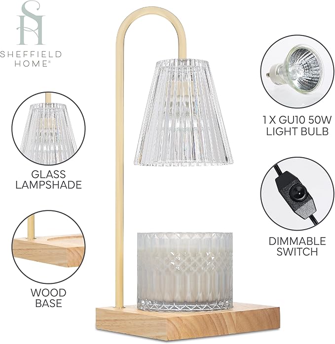 Sheffield Home Glass Candle Warmer Lamp – Gold Ribbed Glass, 14″ Flameless Candle and Wax Melter for Long-Lasting Fragrance – Elegant Decorative Warmer for Home or Office