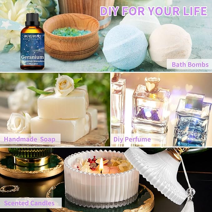 BURIBURI 100ML Geranium Essential Oil, 100% Pure Undiluted Aromatherapy Geranium Oil 3.38fl.oz for Soap, Candle Making, Massage, Diffuser, Humidifier