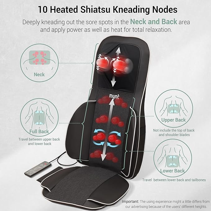 Mynt 2D & 3D Shiatsu Neck and Back Massager for Chair with 10 Deep Kneading Nodes, Back Massage with Heat, Portable Spot Massage Chair Pad (Black)