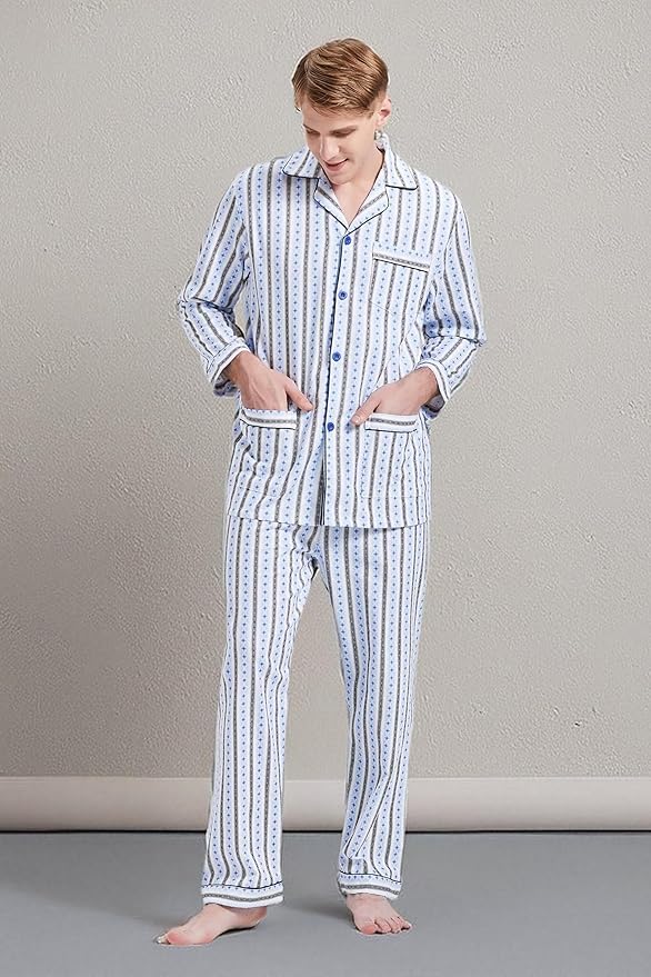 GLOBAL Men's Pajamas Sets 100% Cotton Flannel Sleepwear Long-Sleeve top & Bottom