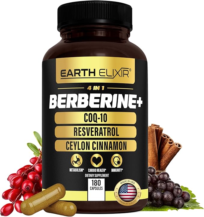 Earth Elixir 4-in-1 Berberine Supplement – Organic Berberine with Ceylon Cinnamon, CoQ10 Ubiquinol, and Resveratrol Powder – Metabolic & Cellular Energy Support, 180 Vegan Capsules