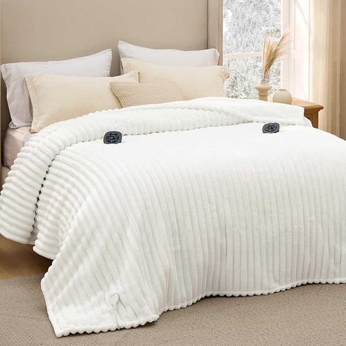 Bedsure Electric Blanket King Size - Thick Striped Flannel Electric Blanket with Dual Control, Heating with 10 Heat Settings & 10 Time Settings, 8 hrs Timer Auto Shut Off (90x100 inches, White)
