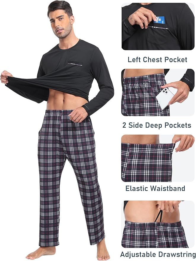 MoFiz Men's Pajamas Plaid Sets Sleepwear Sleep Long Sleeve Shirts and Pants Pajama Set Soft Mens Pjs Lounge Set with Pockets