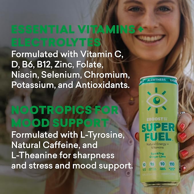 EBOOST Super Fuel Healthy Energy Drink - Caffeine from Natural & Clean Ingredients For Focus and Productivity -Taurine Free Pre-Workout With Electrolytes, Nootropic & Vitamins - Variety Pack, 12 Pack