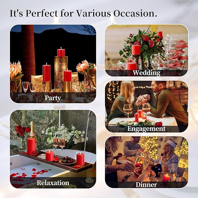 KONNI Red Pillar Candles Set of 3, 3"x 6" Unscented Pillar Candles Bulk, 56 Hours Long Burning Candles, Smokeless and Dripless Large Round Candle for Wedding, Home Decoration, Parties, Spas, Dinner