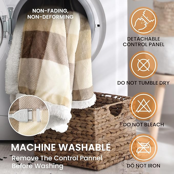 Heated Blanket Electric Throw-50''x60''Ultra Soft Cozy Plaid Flannel Fast Heating Electric Blanket with 10 Heat Levels & 10 Hours Auto Off, ETL Certified, Keep Warm in Couch Bed Office(Khaki)