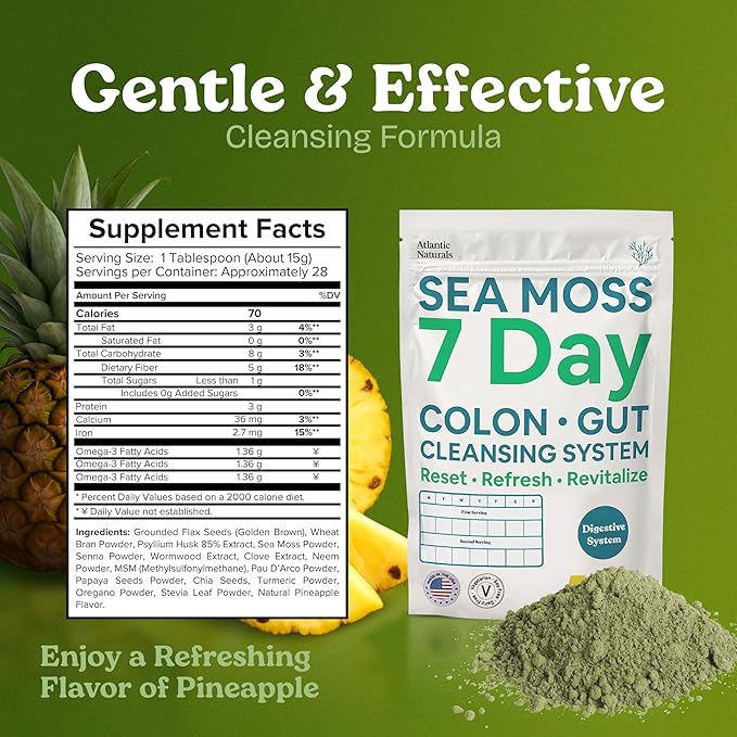 Atlantic Naturals Sea Moss 7-Day Colon & Gut Purification - Golden Flax Seeds, Psyllium Husk, Senna Powder, for Women & Men - Pineapple Flavor Drink Mix (14 oz)