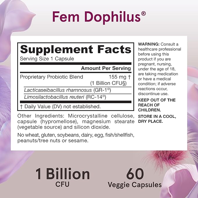 Jarrow Formulas Fem-Dophilus Probiotics 1 Billion CFU with 2 Science-Backed Strains, Dietary Suppl for Vaginal and Urinary Tract Supp,60 Veggie Caps,Up to a 60 Day Supply, Shelf-Stable,12 Packs