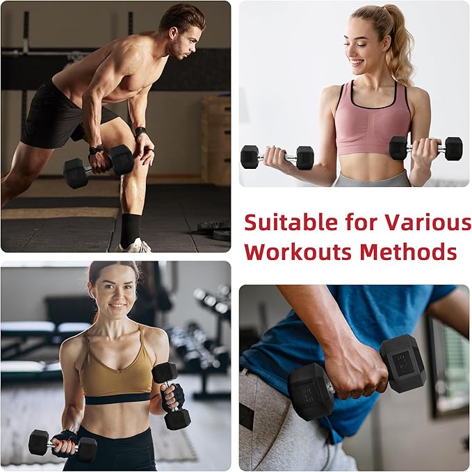 60 lb Dumbbells Set of 3 Pairs (5, 10, 15 lb) – Rubber Encased Hex Weight Dumbbell Set, Cast Iron Home Gym Equipment for Full-Body Strength Training
