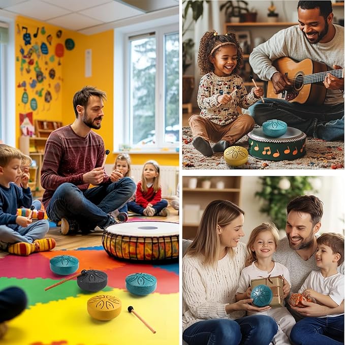 Facmogu 3 Inch 6 Notes Rain Drum for Outside Garden, Steel Tongue Drum Hand Drums with Bag Sticks Music Book, Mini Chakra Drum Musical Education Entertainment Gifts for Kids - Gold (Bowling Pattern)