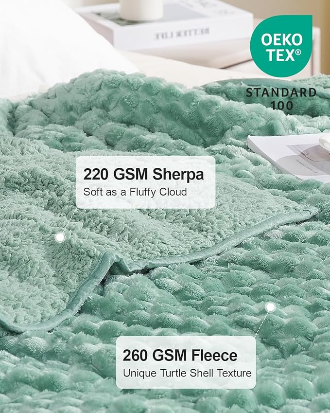 Super Soft Luxury Fleece Sherpa Weighted Blanket 15 lbs for Adults, Turtle Shell Fuzzy Cozy Warm Weighted Throw for Winter, Ceramic Beads Washable Heavy Blankets for Couch Bed, Sage Green, 48" x 72"