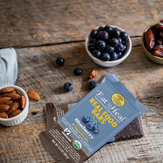 EatToHeal Blueberry Real Food Bar - Organic Protein Bars, Vegan Food, Healthy Gluten Free Protein Food - Low Sugar Protein Bars, Non GMO, Never Baked, Plant Based Organic Snacks - Crafted to Enjoy
