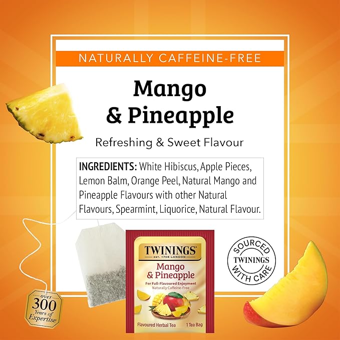 Twinings Mango & Pineapple Herbal Tea Individually Wrapped Bags, 20 Count (Pack of 1), Naturally Caffeine-Free, Enjoy Hot or Iced, 20 Teabags