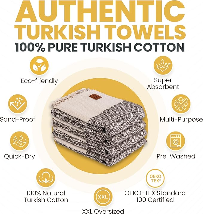 Gold CASE Turkish Beach Towel Set of 4 – 100% Cotton Large Turkish Bath Towels 67 x 38'' – Aphrodite Extra Large, Quick Dry & Sand Free Towels – Peshtemal for Pool – Beige