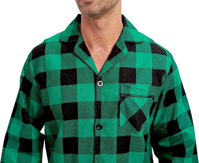 GLOBAL Men's Pajamas Sets 100% Cotton Flannel Sleepwear Long-Sleeve top & Bottom
