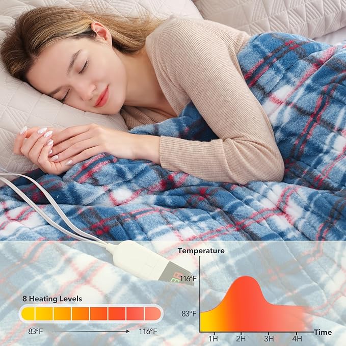 MAXEVE Faux Fur Heated Electric Blanket, 50"x60" Fast Heating Warming Throw Blankets with 8 Heating Levels & 8 Hours Auto Off with Over-Heat Protection & ETL Certified, Plaid Blue