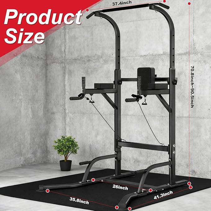 Power Tower Pull Up Bar Dip Station for Home Gym, Adjustable Height Strength Training Equipment with Resistance Bands and Grip Rope