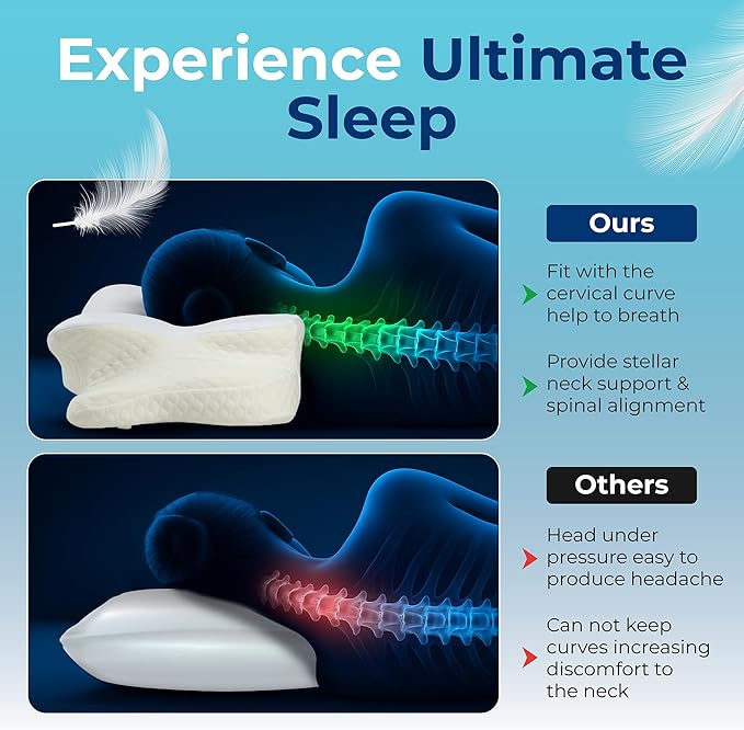 Cervical Neck Pillow for Sleeping, Ergonomic Contour Soft Non Collapsing Memory Foam for Neck and Shoulder Pain Relief, Adjustable Support for Side Back Stomach Sleepers, Cooling Pillowcase