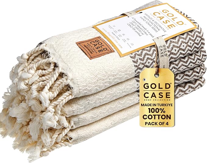 Gold CASE Turkish Hand Towels for Bathroom Set of 4–20x40''–100% Cotton Bathroom Hand Towels – Zeus Towel for Spa, Face, Tea & Dishcloth – Decorative Cloth – Brown