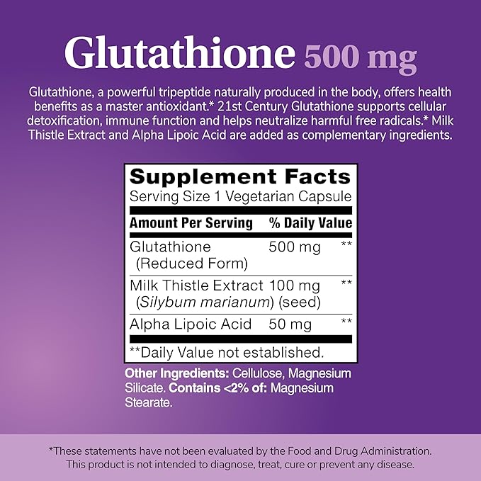 21st Century Glutathione 500 mg Plus Milk Thistle Extract & Alpha Lipoic Acid Capsules (120 Count), Reduced Form, Combats Harmful Radicals, Supports Cellular & Immune Health, Non-GMO, Gluten-Free