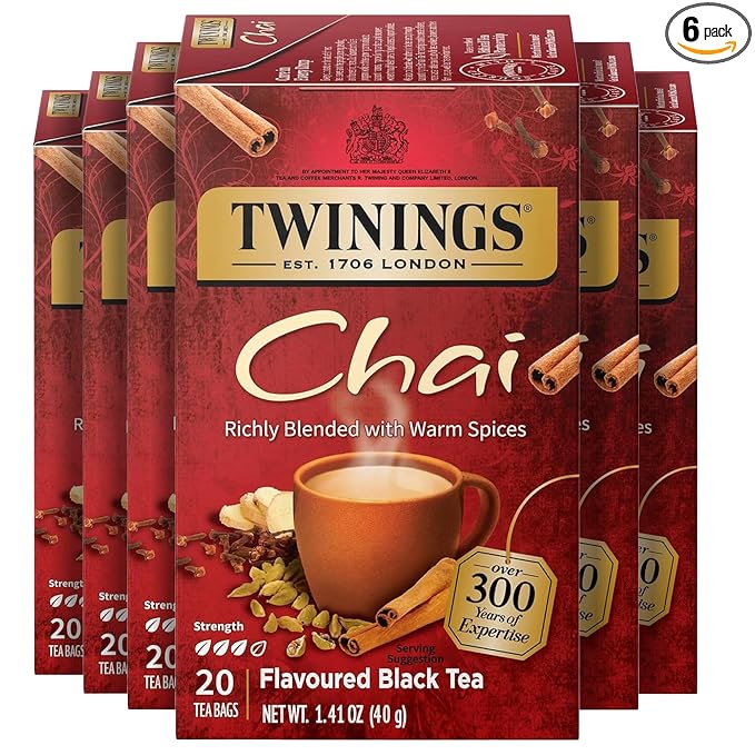 Twinings Chai Black Tea Individually Wrapped Bags, 20 Count (Pack of 6), Sweet, Savoury Spices, Caffeinated, Enjoy Hot or Iced, 120 Teabags