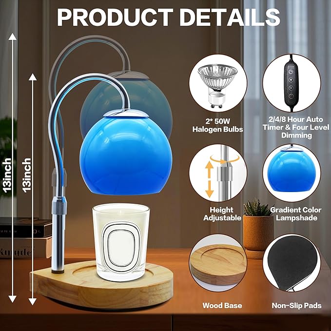 Candle Warmer Lamp with Timer 2H/4H/8H, Adjustable Height, Dimmable Candle Lamp with 2 Bulbs, Wax Melt Warmer for Jar Candles, House Warming, Home Decor, Birthday Gifts for Women, Mom(Ocean)