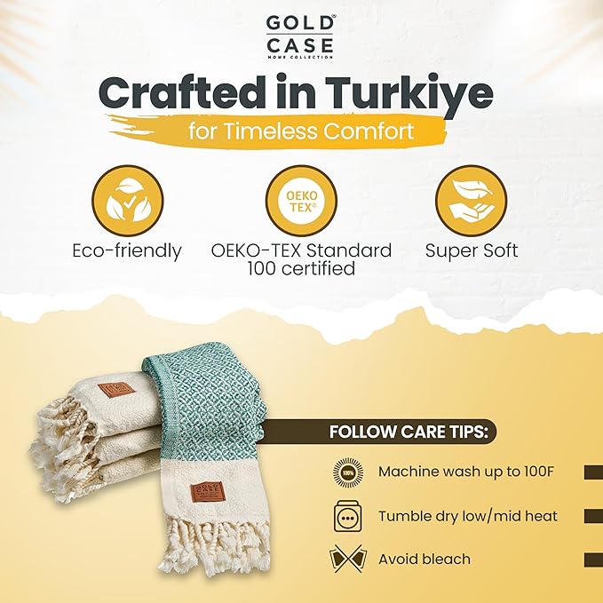 Gold CASE Turkish Hand Towels for Bathroom Set of 4 – 20 x 40'' – 100% Cotton Bathroom Towels – Aphrodite Kitchen Small Towel for Spa, Face, Tea & Dishcloth – Decorative Patterned Weave – Green
