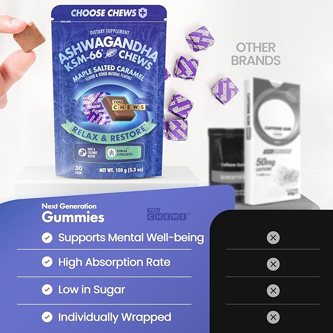 Ashwagandha KSM-66 Chews for Stress Relief & Mood Support, Organic Ashwagandha Gummies KSM 66 Alternative, Mood Support, Maple Salted Caramel Flavor, 30 Count